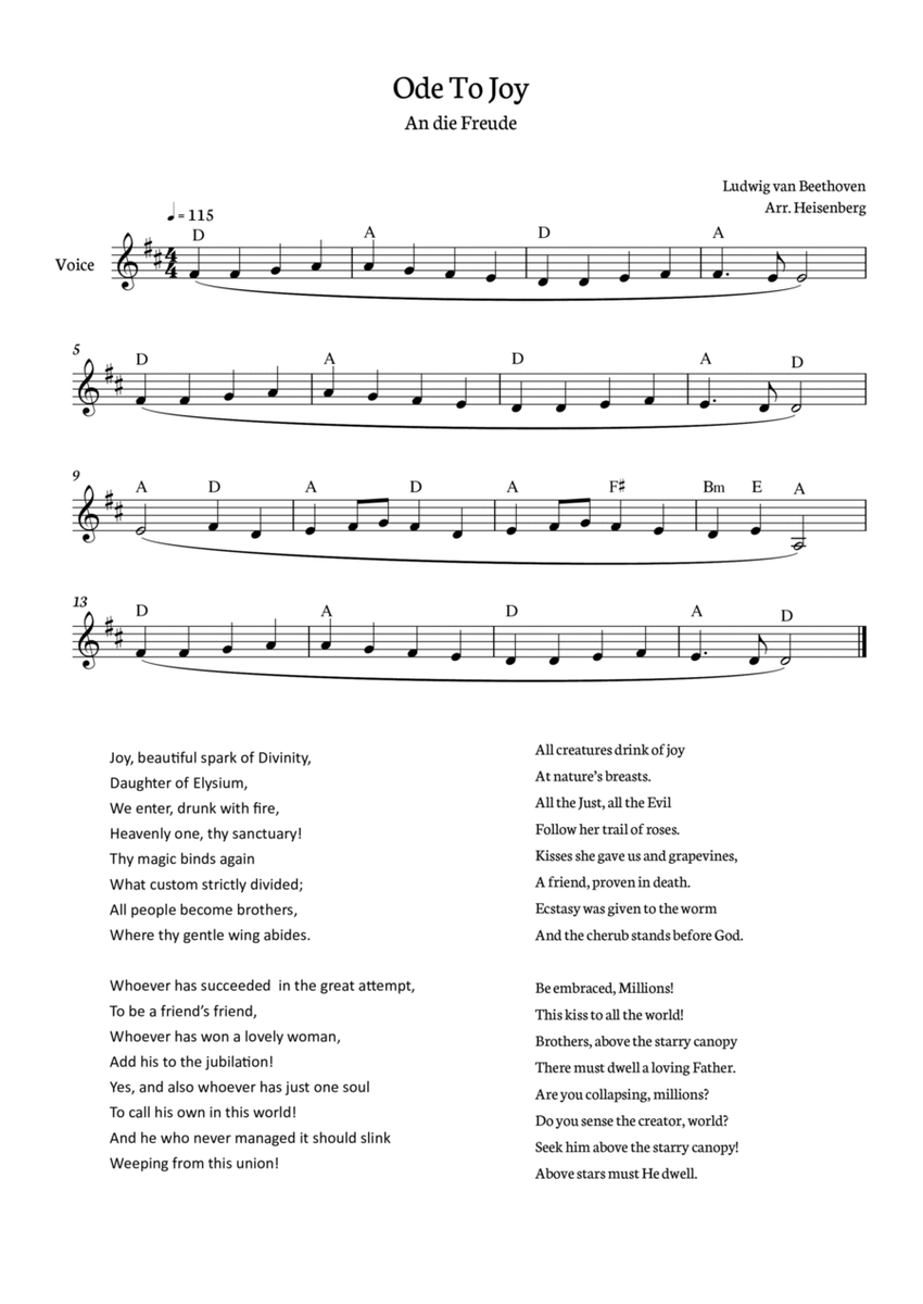 Beethoven - Ode To Joy for voice with chords in D (Lyrics in English) image number null