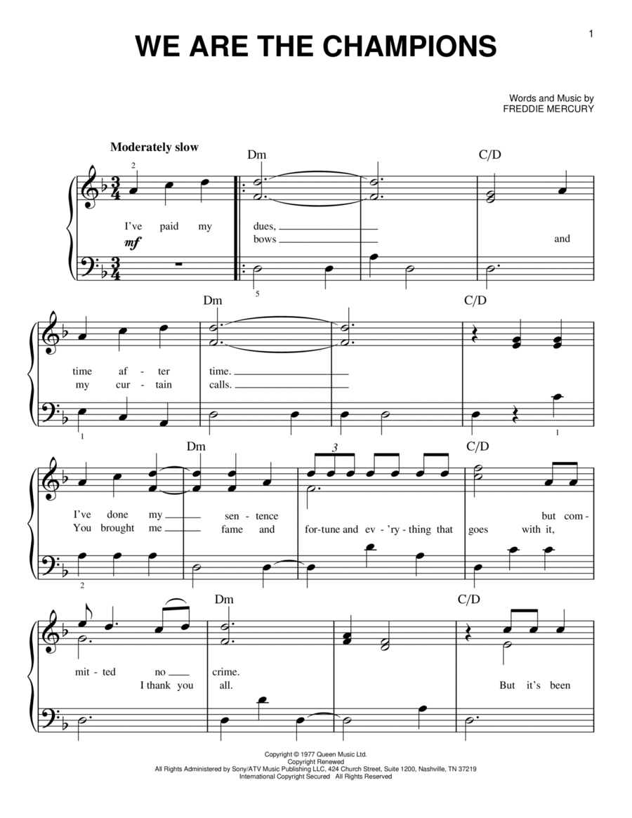 We Are The Champions Easy Piano scores gallery preview page 1