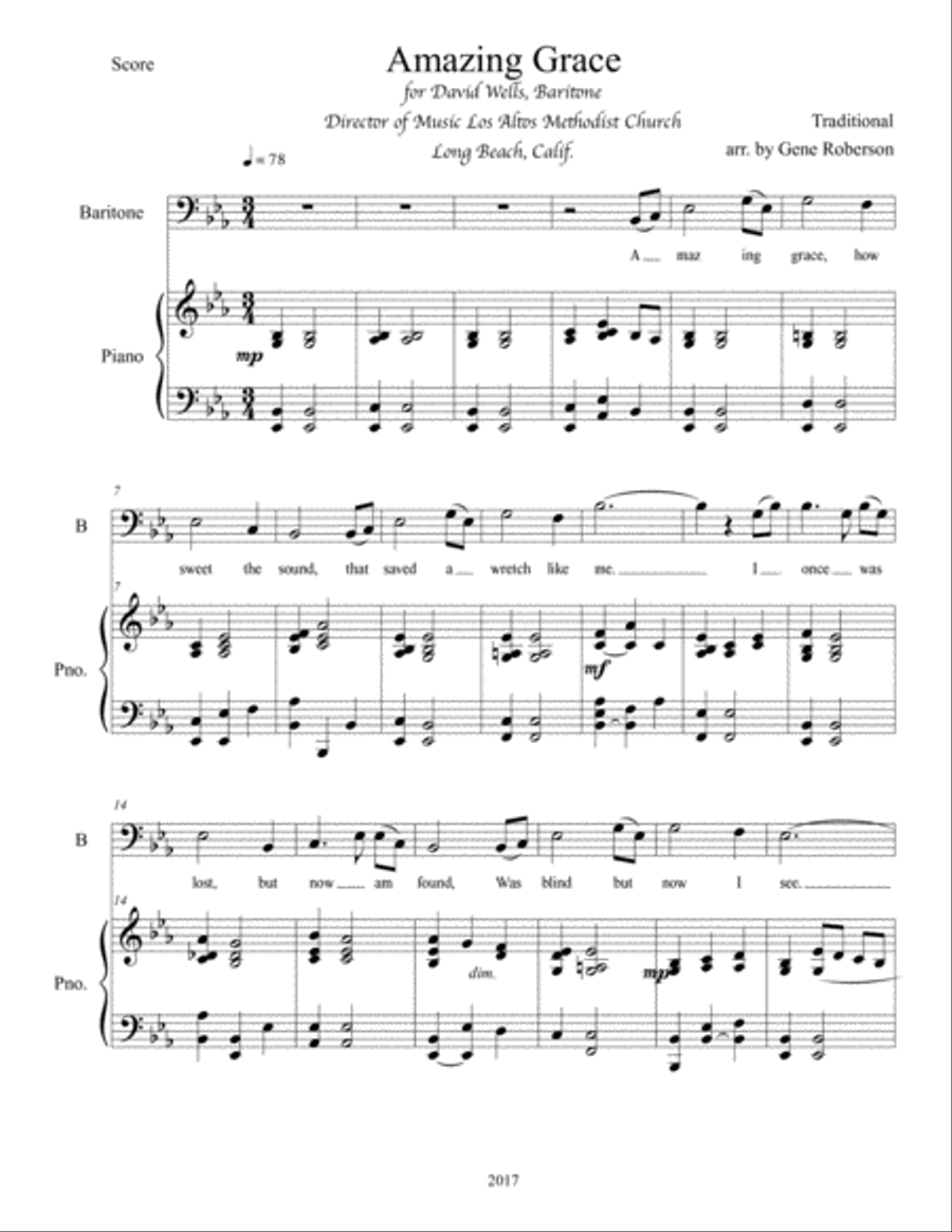 Amazing Grace Vocal Baritone Unison Choir scores gallery preview page 2