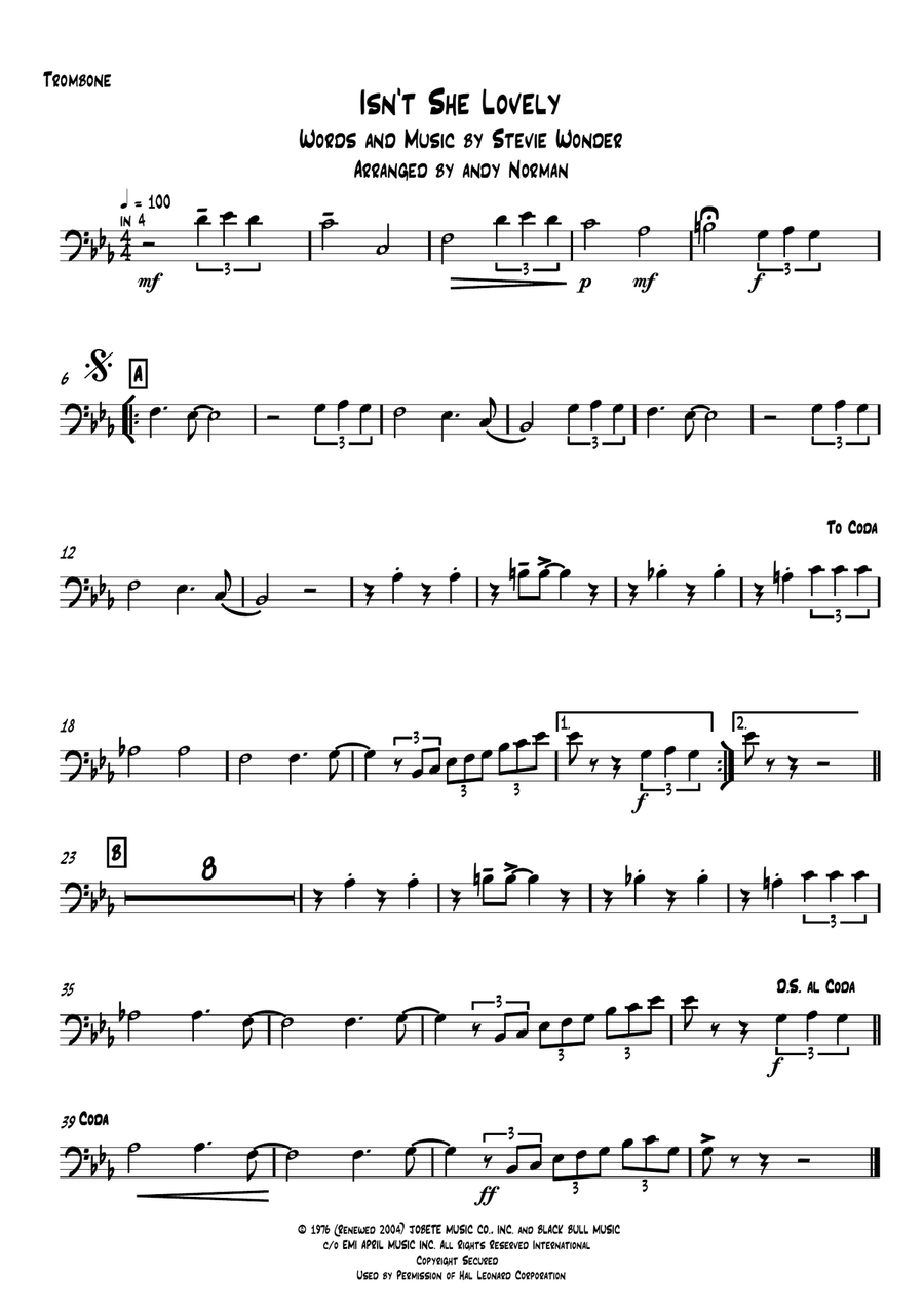 Isn't She Lovely Brass Ensemble scores gallery preview page 4
