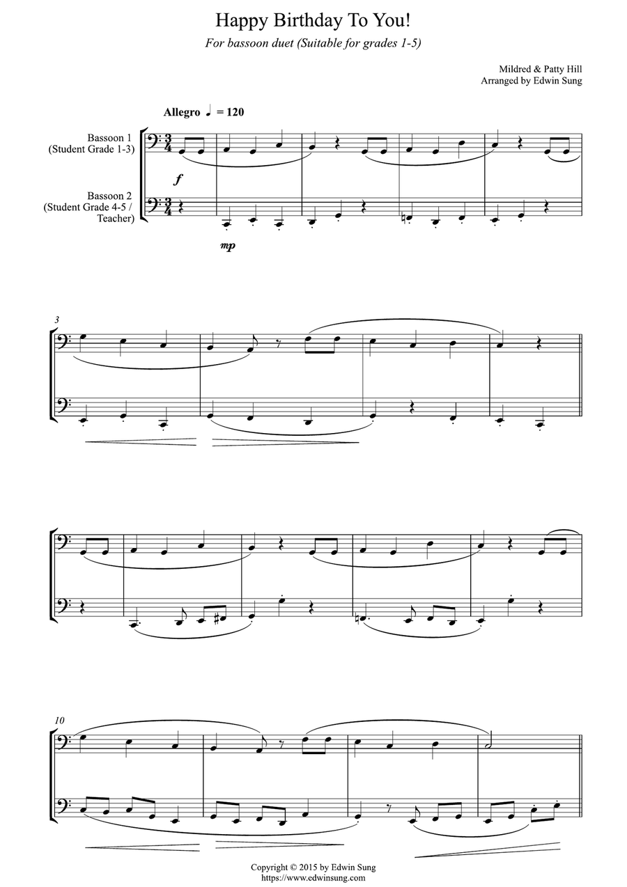Happy Birthday To You! (for bassoon duet, suitable for grades 1-5) Woodwind Duet scores gallery preview page 1