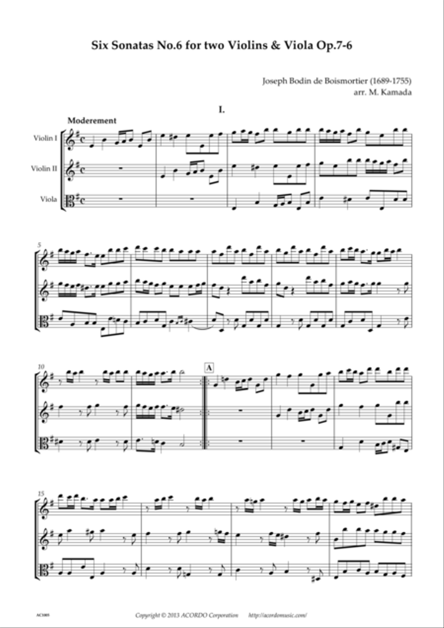 Six Sonatas No.6 for two Violins & Viola Op.7-6 String Duet scores gallery preview page 1