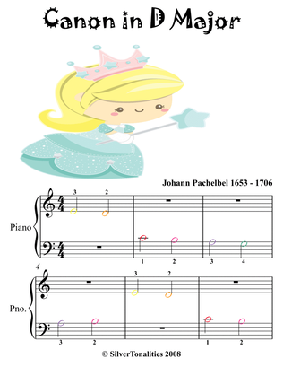 Book cover for Canon in D Beginner Piano Sheet Music with Colored Notes