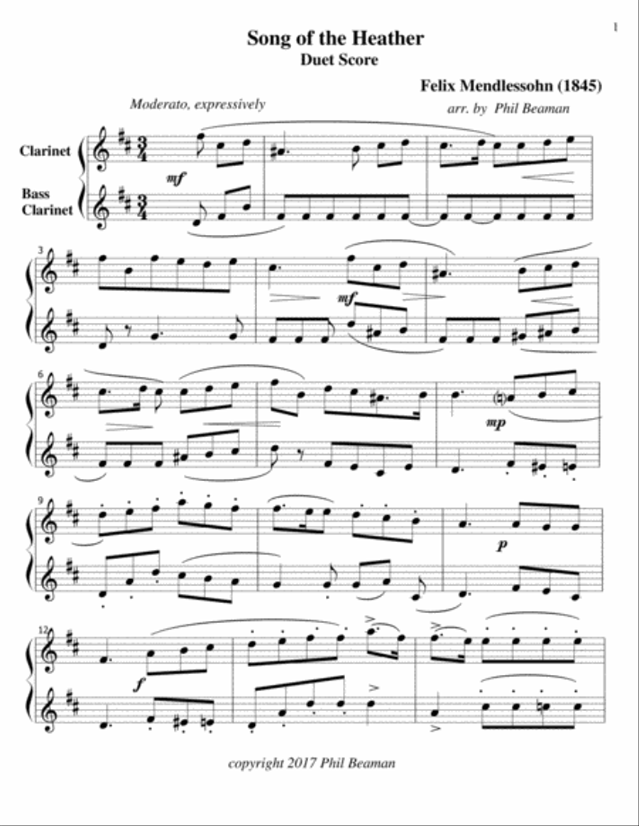Song of the Heather - Mendelssohn- Clarinet/ Bass Clarinet duet Clarinet Duet scores gallery preview page 1