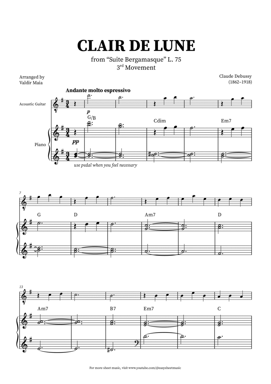 Clair de Lune - Acoustic Guitar and Piano + CHORDS Acoustic Guitar scores gallery preview page 1