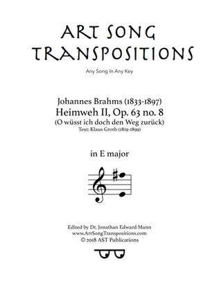 Book cover for BRAHMS: Heimweh II, Op. 63 no. 8 (transposed to E major)