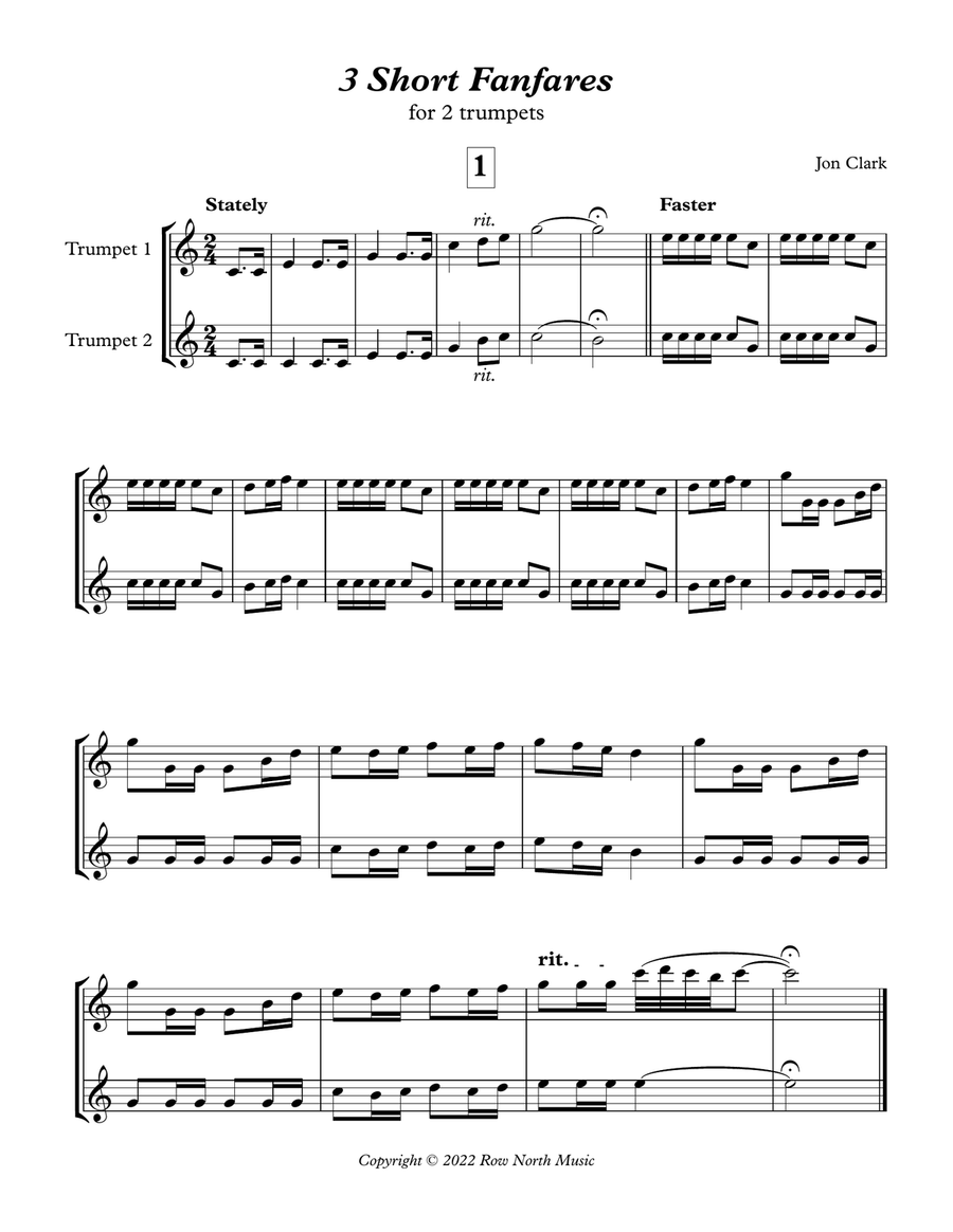 3 Short Fanfares for 2 trumpets Trumpet Duet scores gallery preview page 1