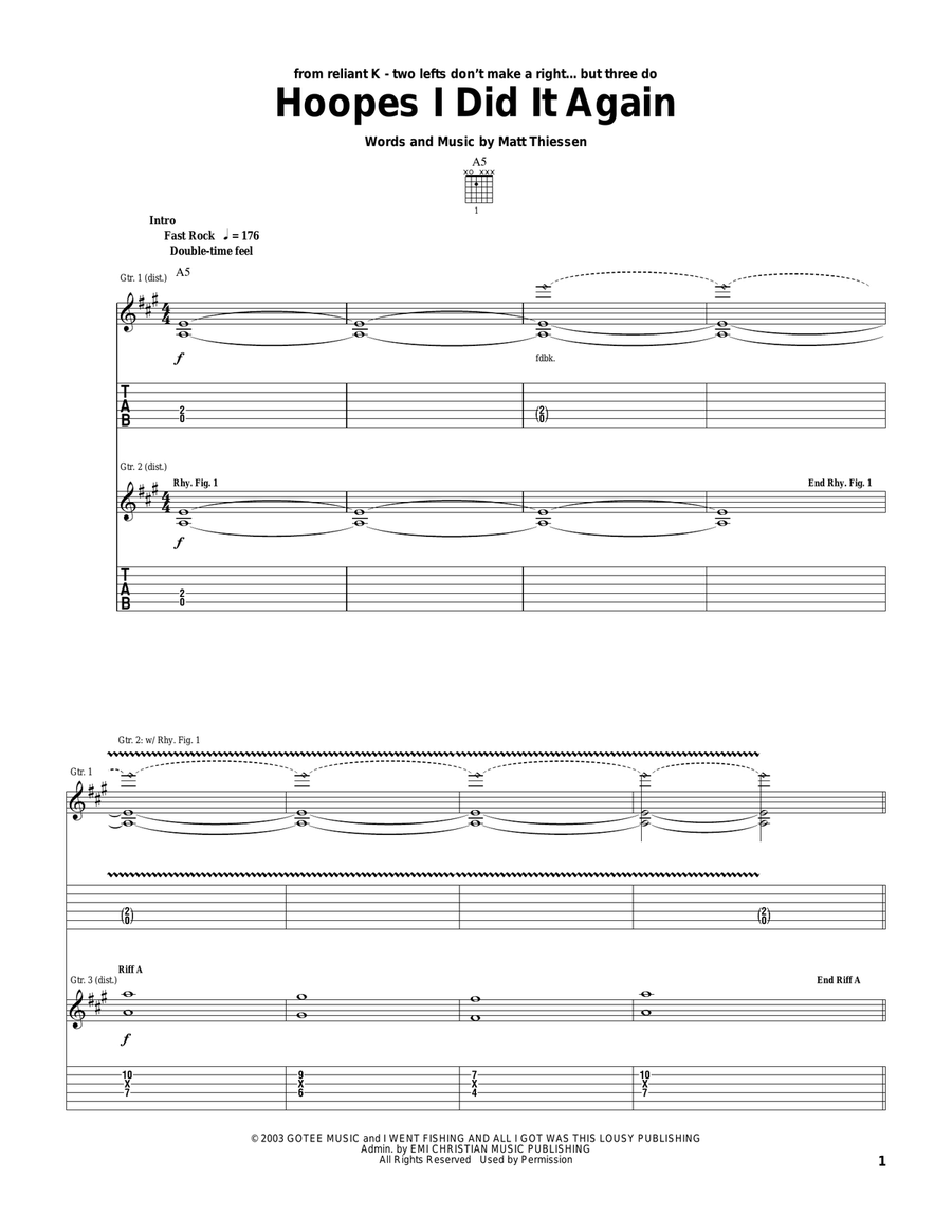 Hoopes I Did It Again Guitar Tablature scores gallery preview page 1