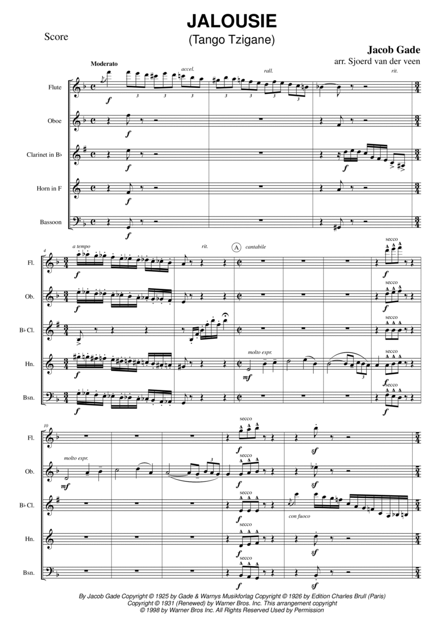 Jalousie (tango Tzigane) Woodwind Quintet scores gallery preview page 1