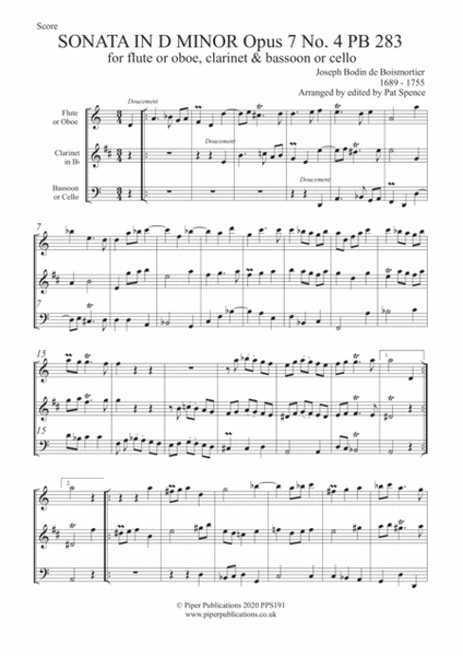 BOISMORTIER SONATA IN D MINOR OPUS 7 No. 4 for flute or oboe, clarinet & bassoon or cello