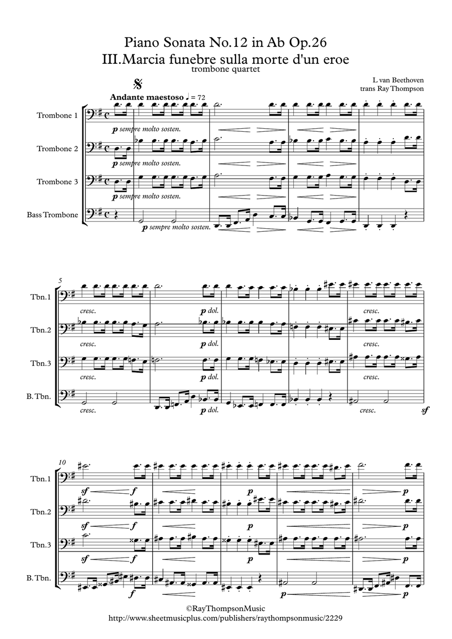 Beethoven: Piano Sonata No.12 in Ab Op.26 Mvt.III Funeral March for a Dead Hero - trombone quartet Brass Quartet scores gallery preview page 1
