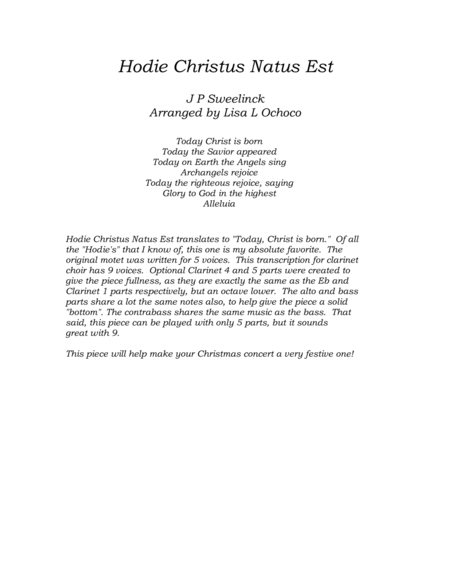 Hodie Christus Natus Est for Clarinet Choir image number null
