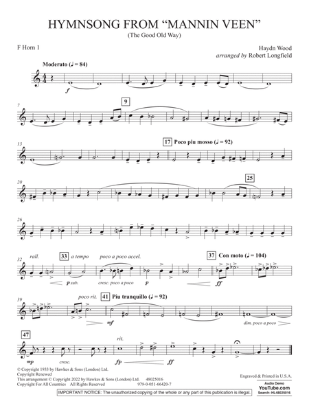 Hymnsong from "Mannin Veen" (arr. Robert Longfield) - F Horn 1