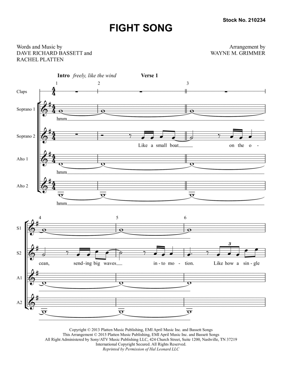 Fight Song (arr. Wayne Grimmer) SSAA scores gallery preview page 1
