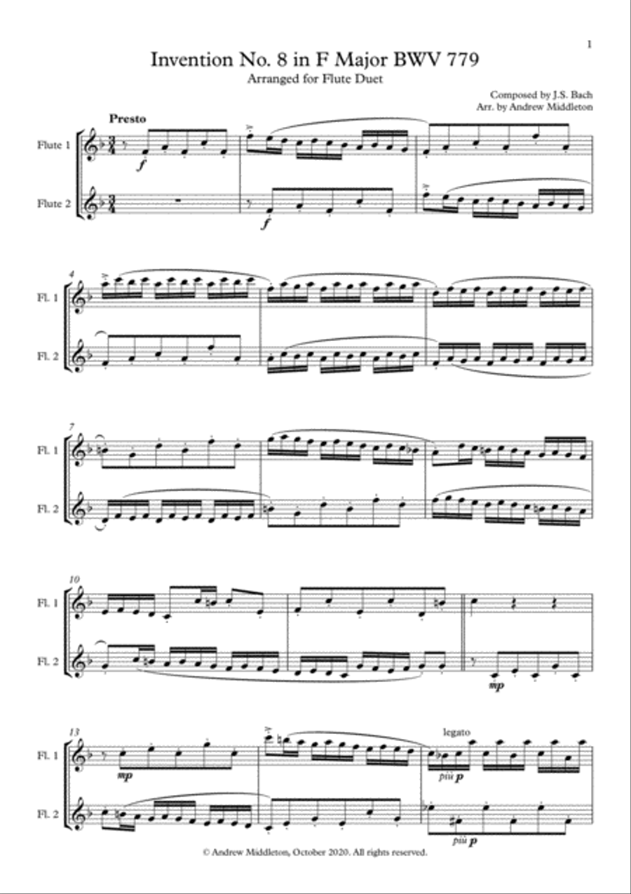 Invention in F Major BWV 779 arranged for Flute Duet Flute Duet scores gallery preview page 3