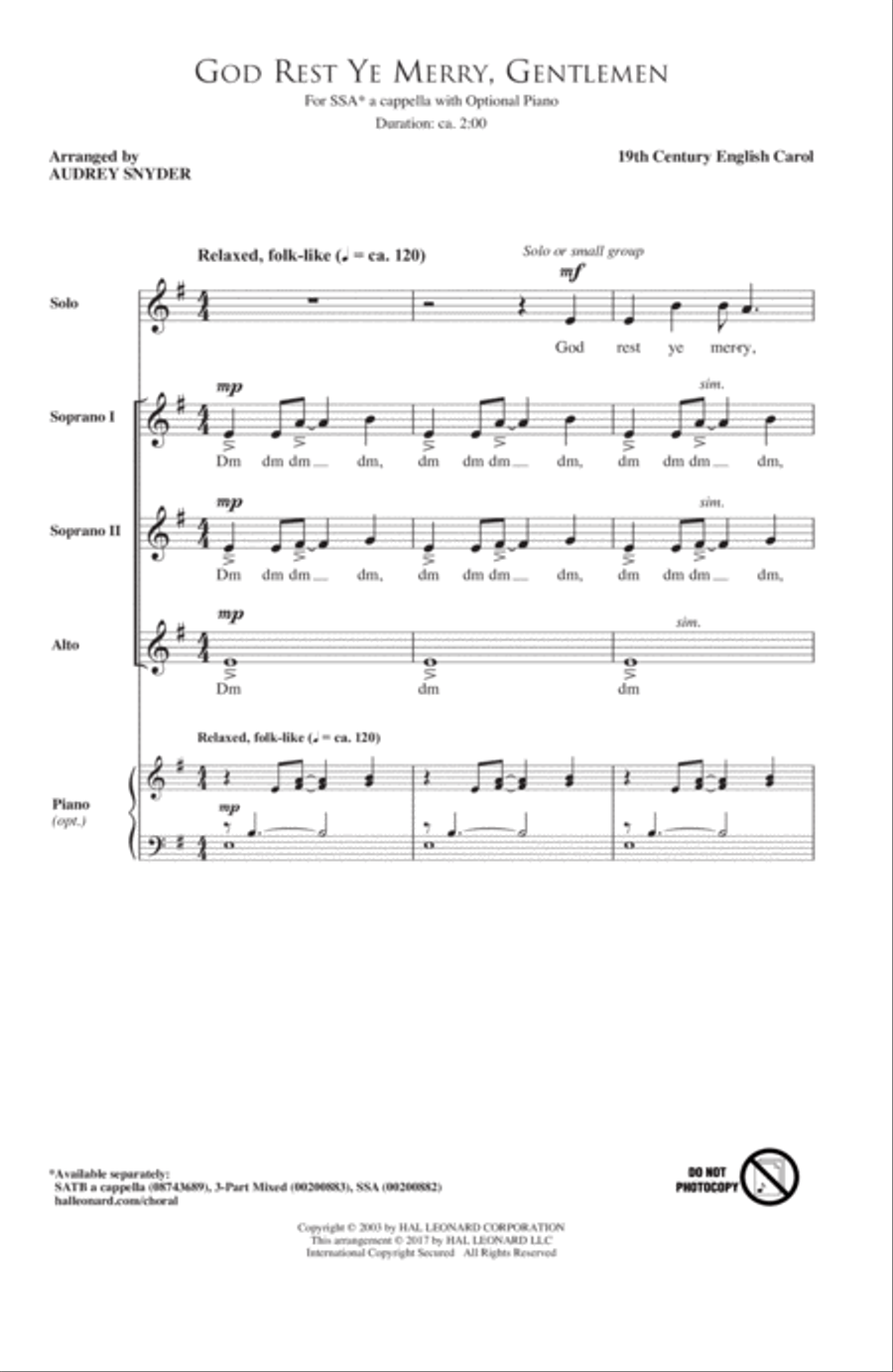 God Rest Ye Merry, Gentlemen SSA scores gallery preview page 1