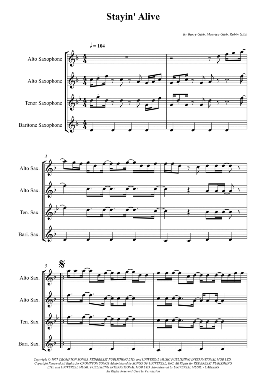 Stayin' Alive Stayin' Alive Saxophone Quartet scores gallery preview page 1