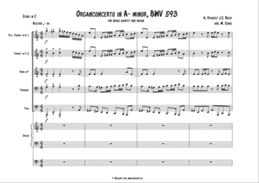 Organconcerto A-minor BWV 593, for brass quintet and organ solo