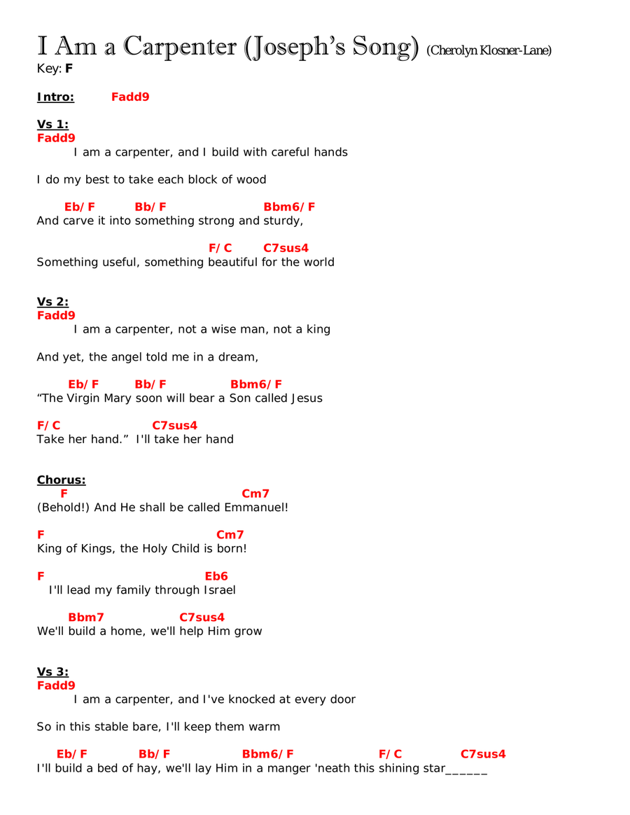 I Am a Carpenter (Joseph's Song) [Lyrics/Chords in F and in D, capo 3] Piano scores gallery preview page 1