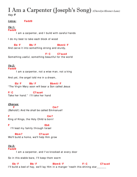 I Am a Carpenter (Joseph's Song) [Lyrics/Chords in F and in D, capo 3] image number null