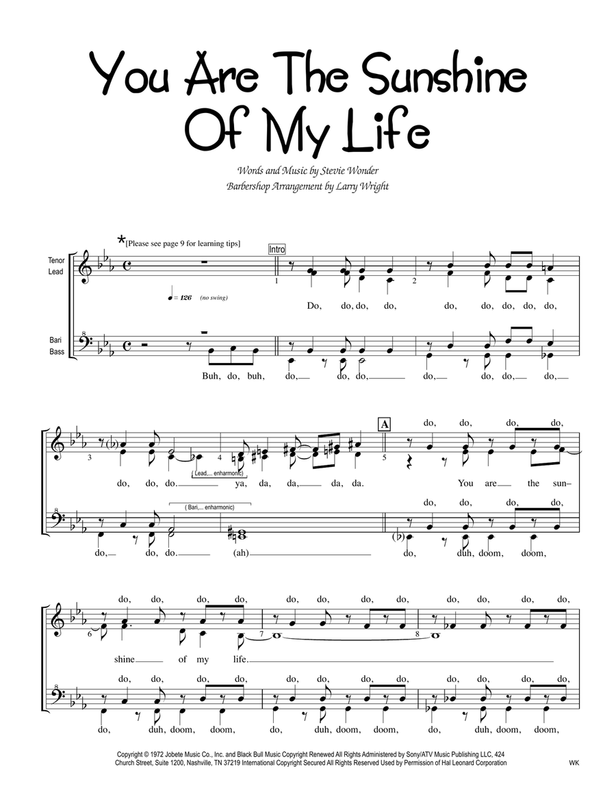 You Are The Sunshine Of My Life SSAA scores gallery preview page 1