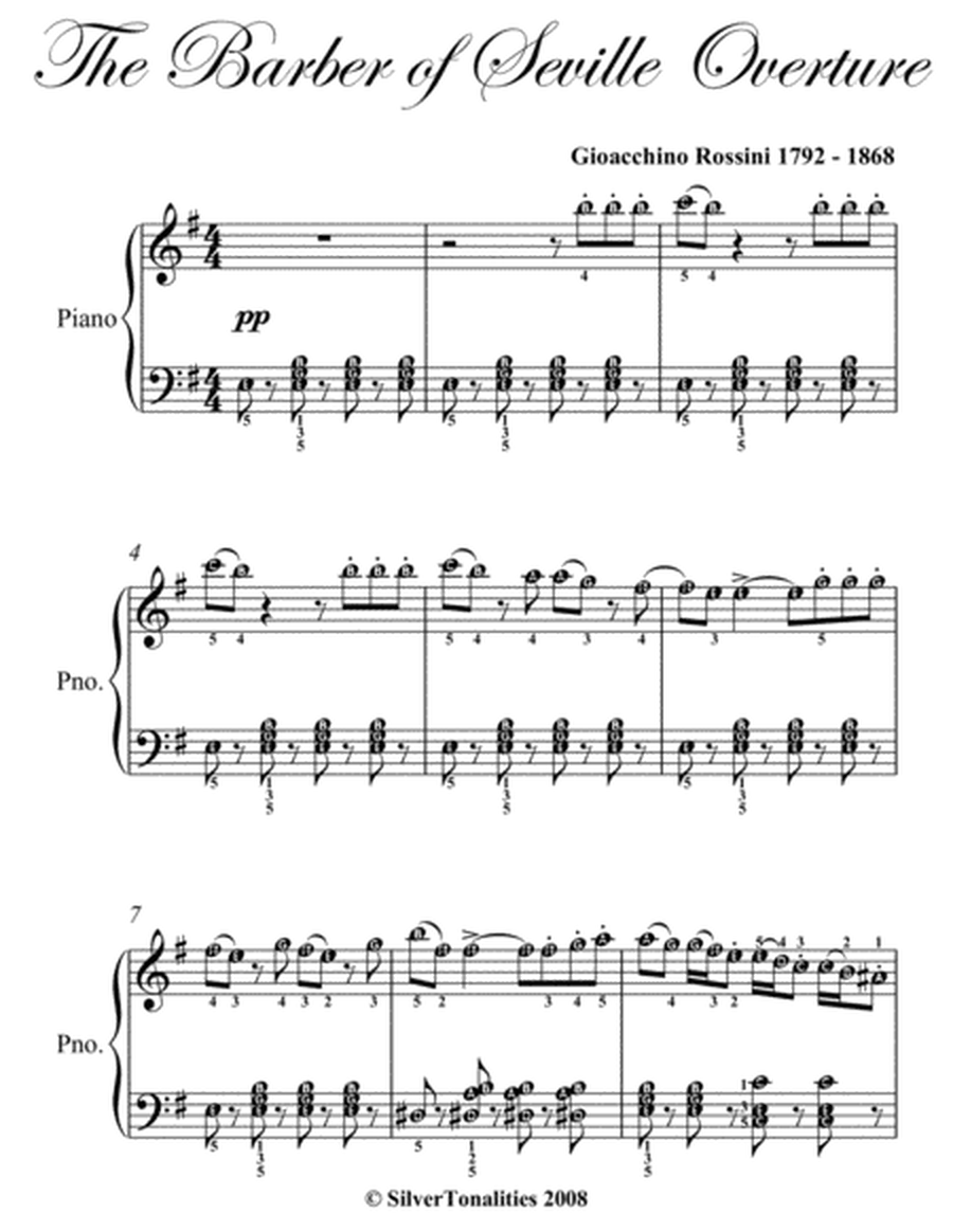 Barber of Seville Overture Easy Intermediate Piano Sheet Music