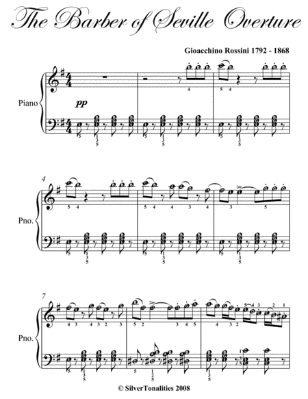 Barber of Seville Overture Easy Intermediate Piano Sheet Music
