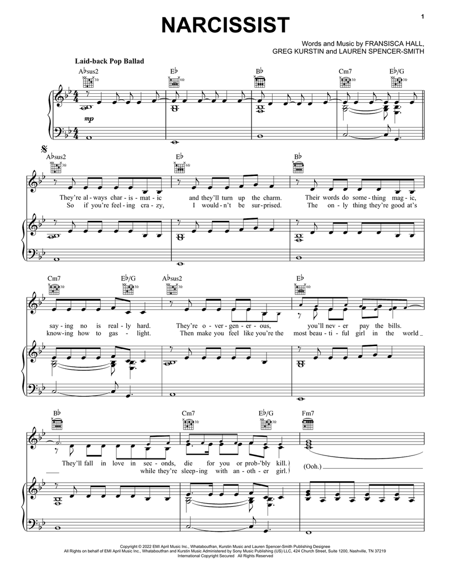 Narcissist Piano, Vocal, Guitar scores gallery preview page 1