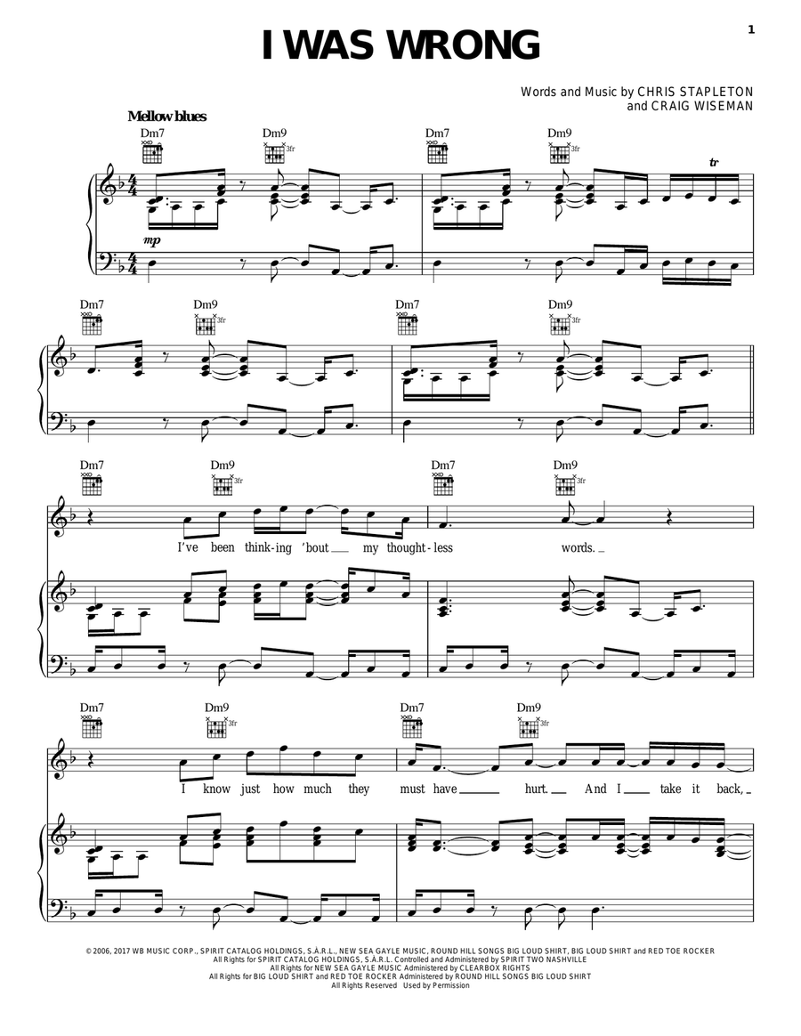 I Was Wrong Piano, Vocal, Guitar scores gallery preview page 1