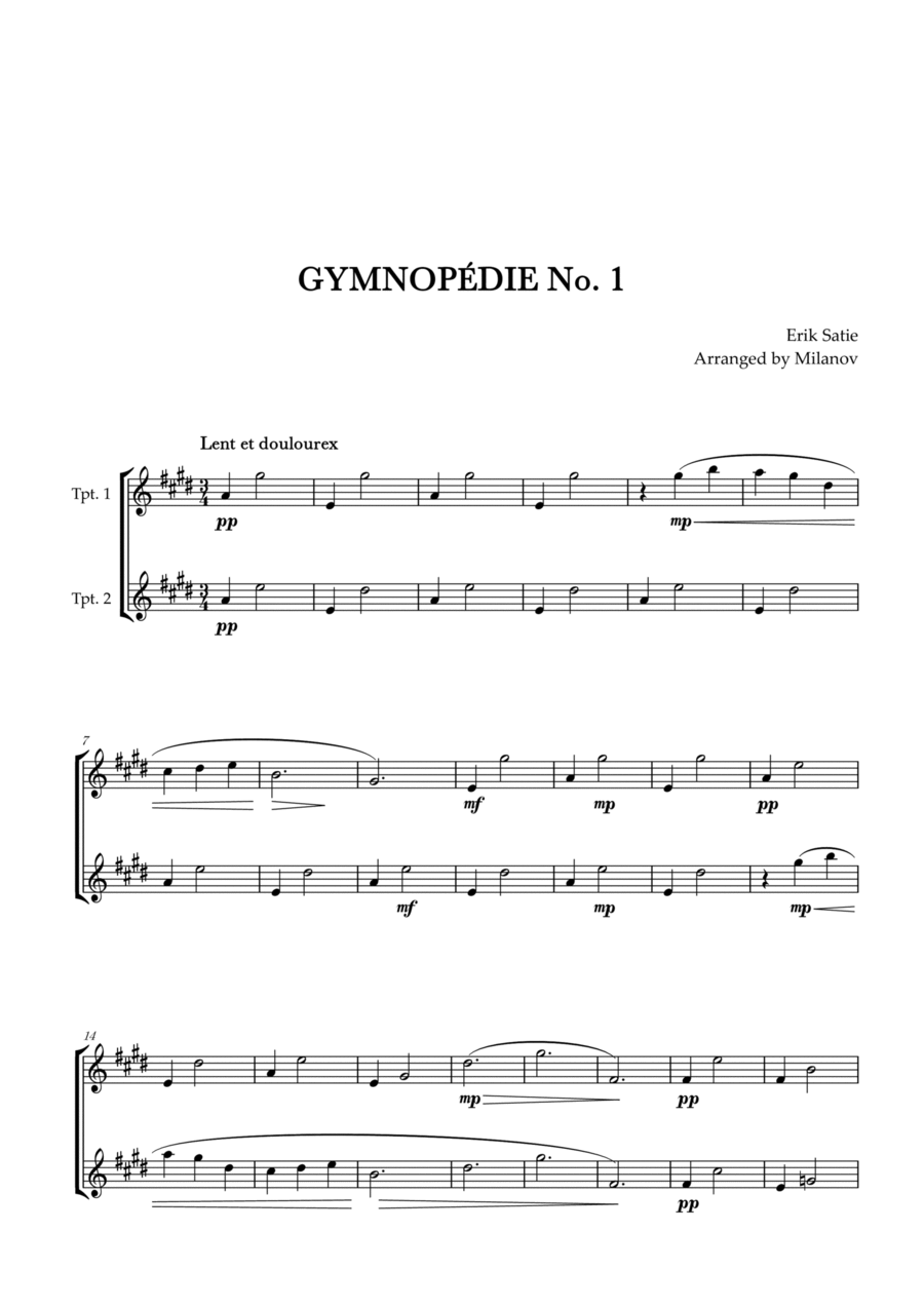Gymnopédie no 1 | Trumpet in Bb Duet | Original Key |Easy intermediate Trumpet Duet scores gallery preview page 1