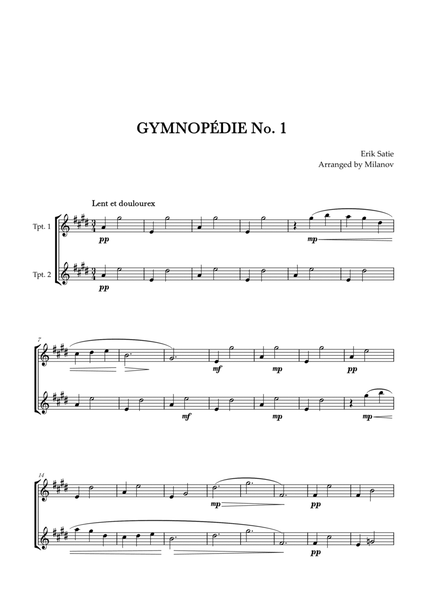 Gymnopédie no 1 | Trumpet in Bb Duet | Original Key |Easy intermediate image number null