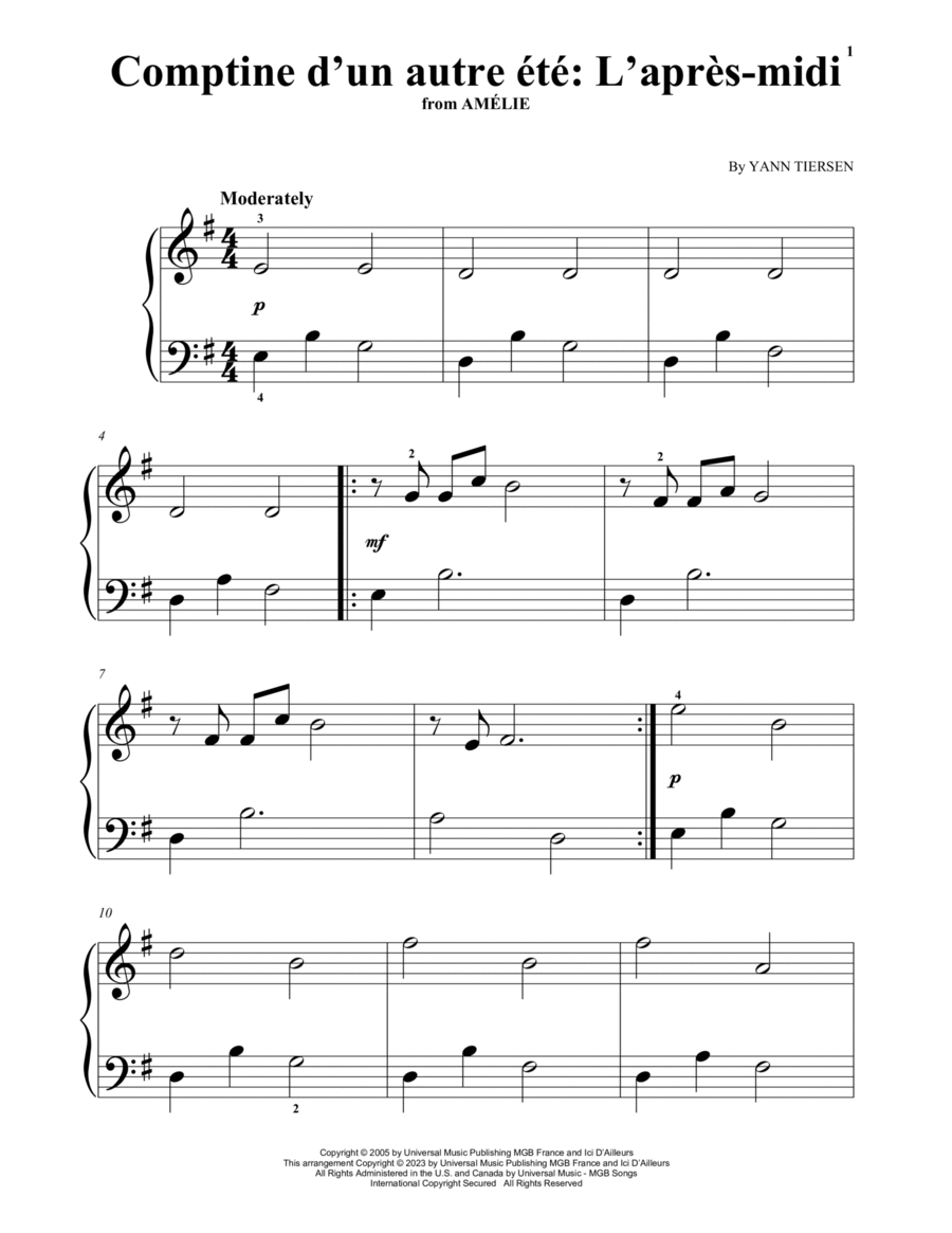 Comptine d'un autre été: L'après-midi (from Amelie) Piano Solo scores gallery preview page 1