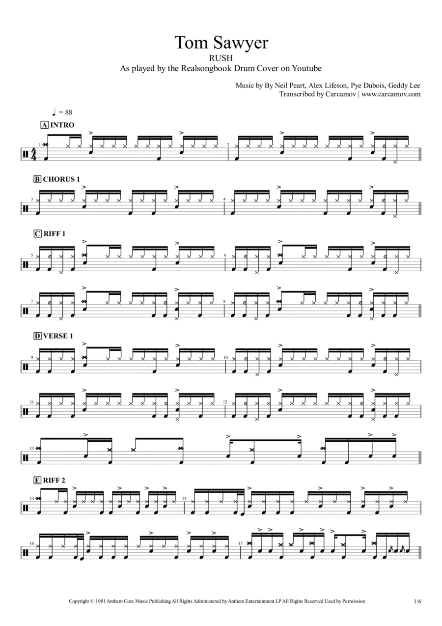 Tom Sawyer Drum Set scores gallery preview page 1