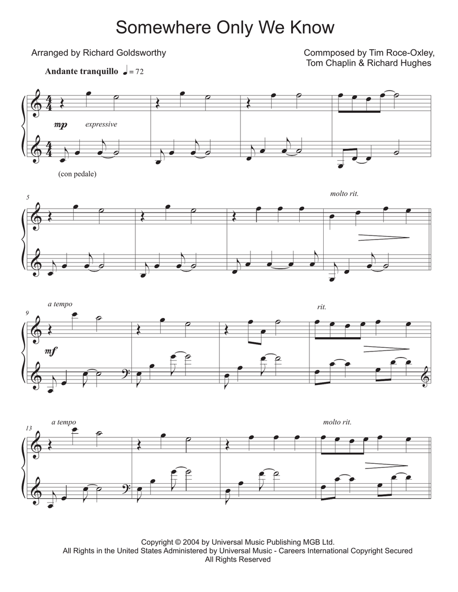 Somewhere Only We Know Easy Piano scores gallery preview page 1