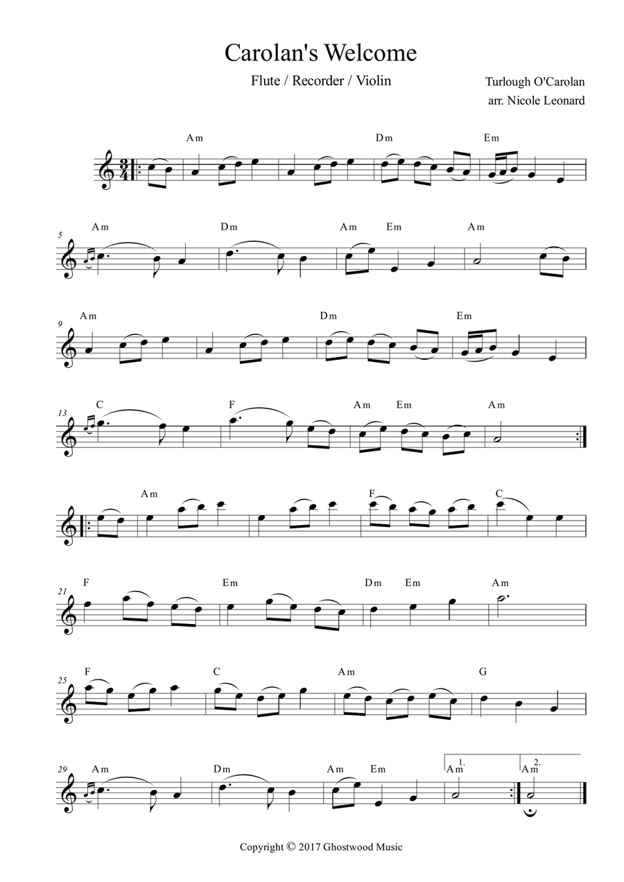 Carolan's Welcome (melody with chords) Small Ensemble scores gallery preview page 1
