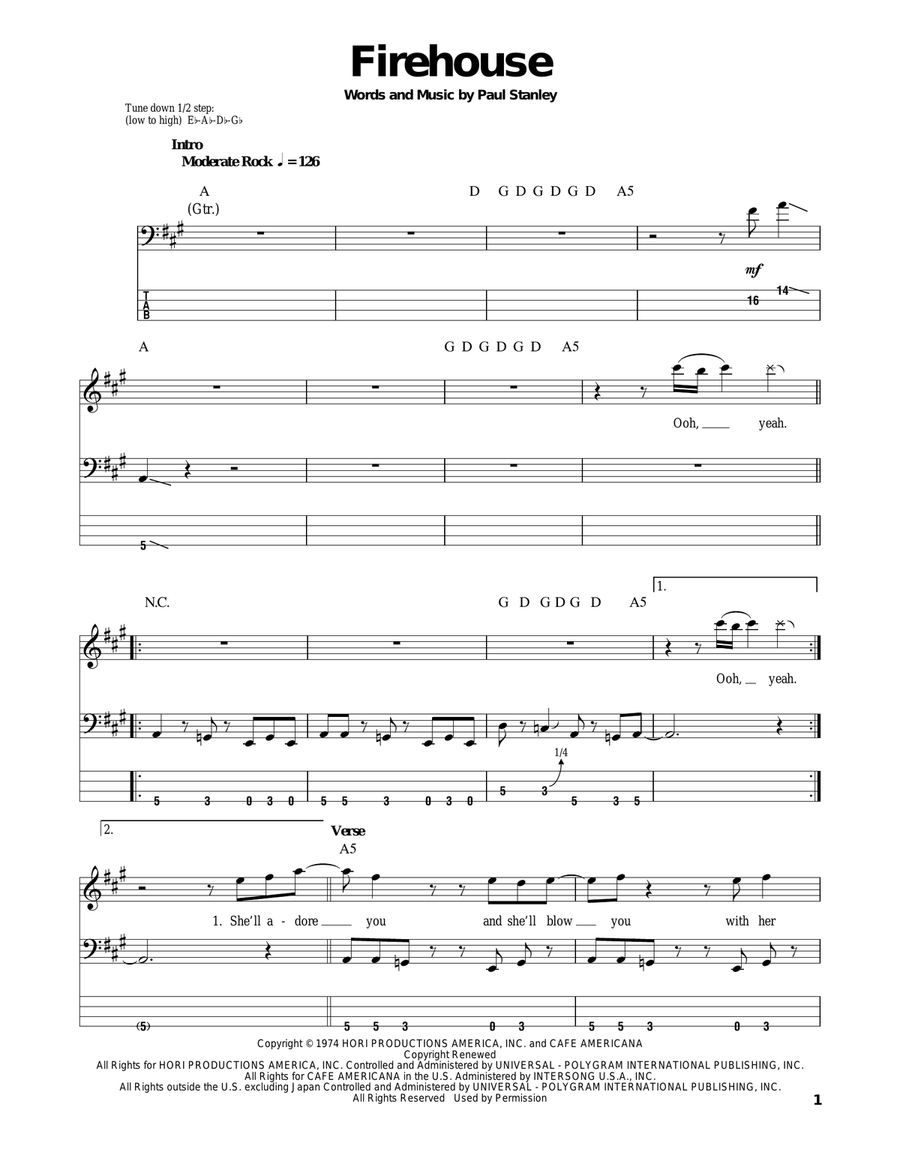 Firehouse Bass Guitar Tablature scores gallery preview page 1