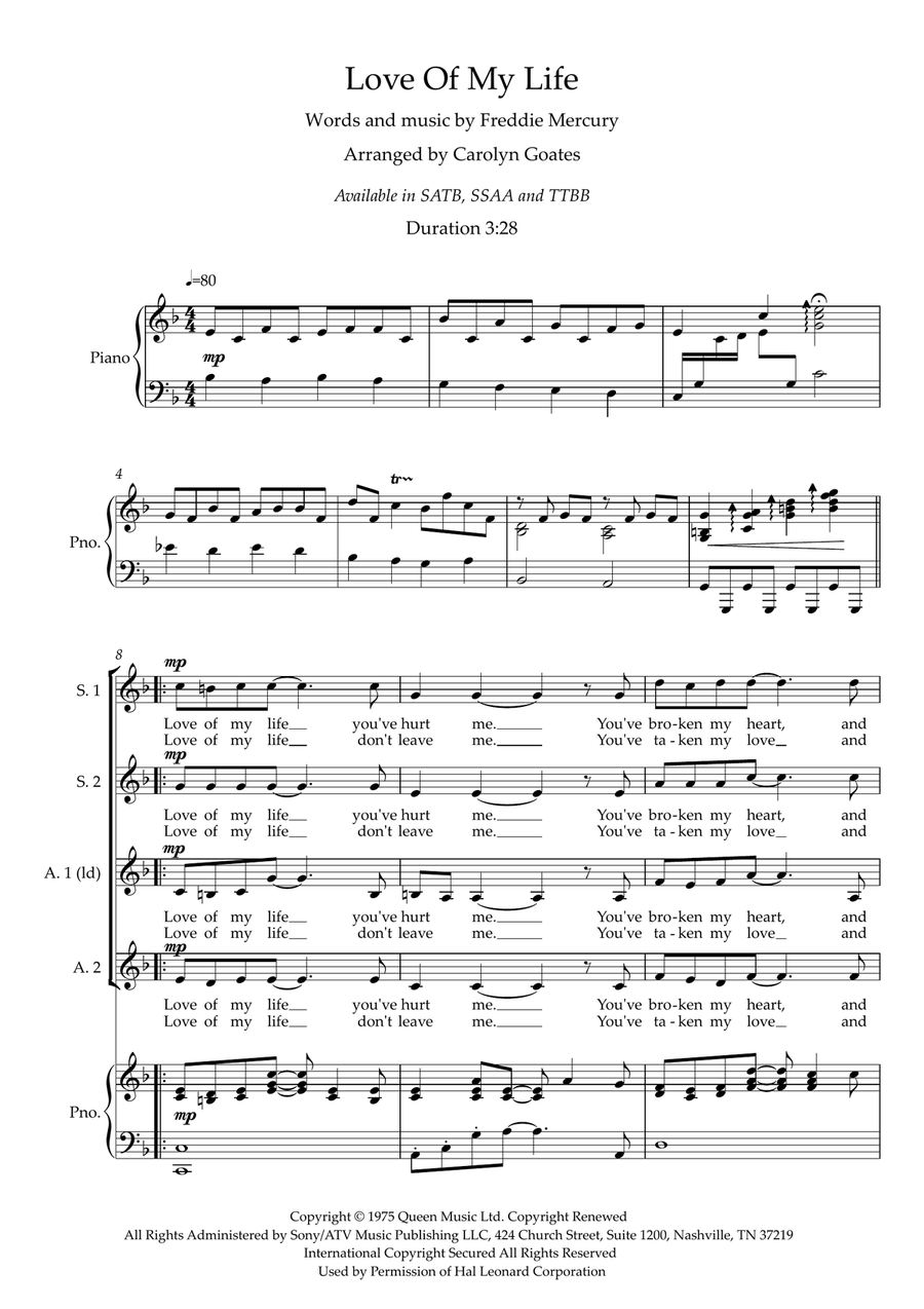 Love Of My Life SSAA scores gallery preview page 1
