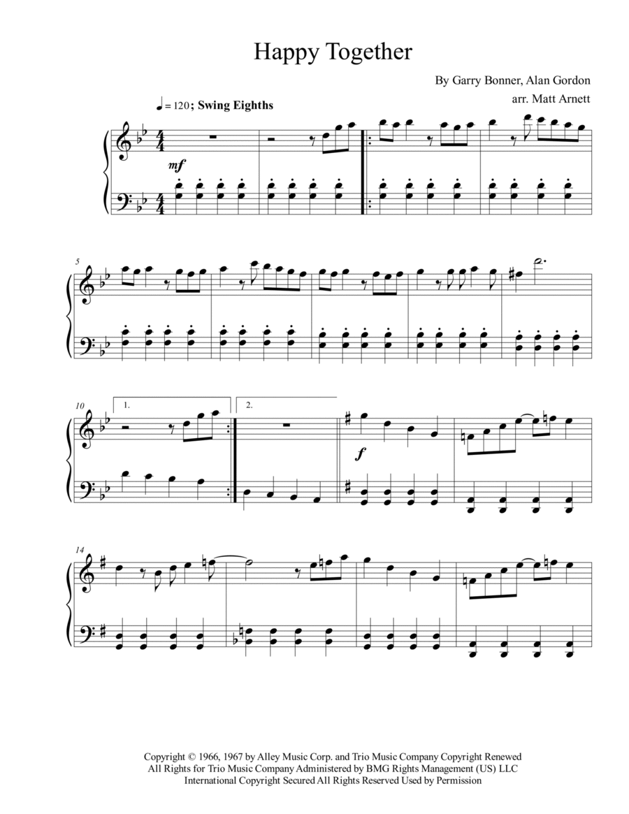 Happy Together Easy Piano scores gallery preview page 1