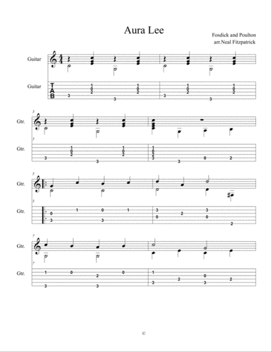 Aura Lee For Guitar-Beginner Acoustic Guitar scores gallery preview page 1