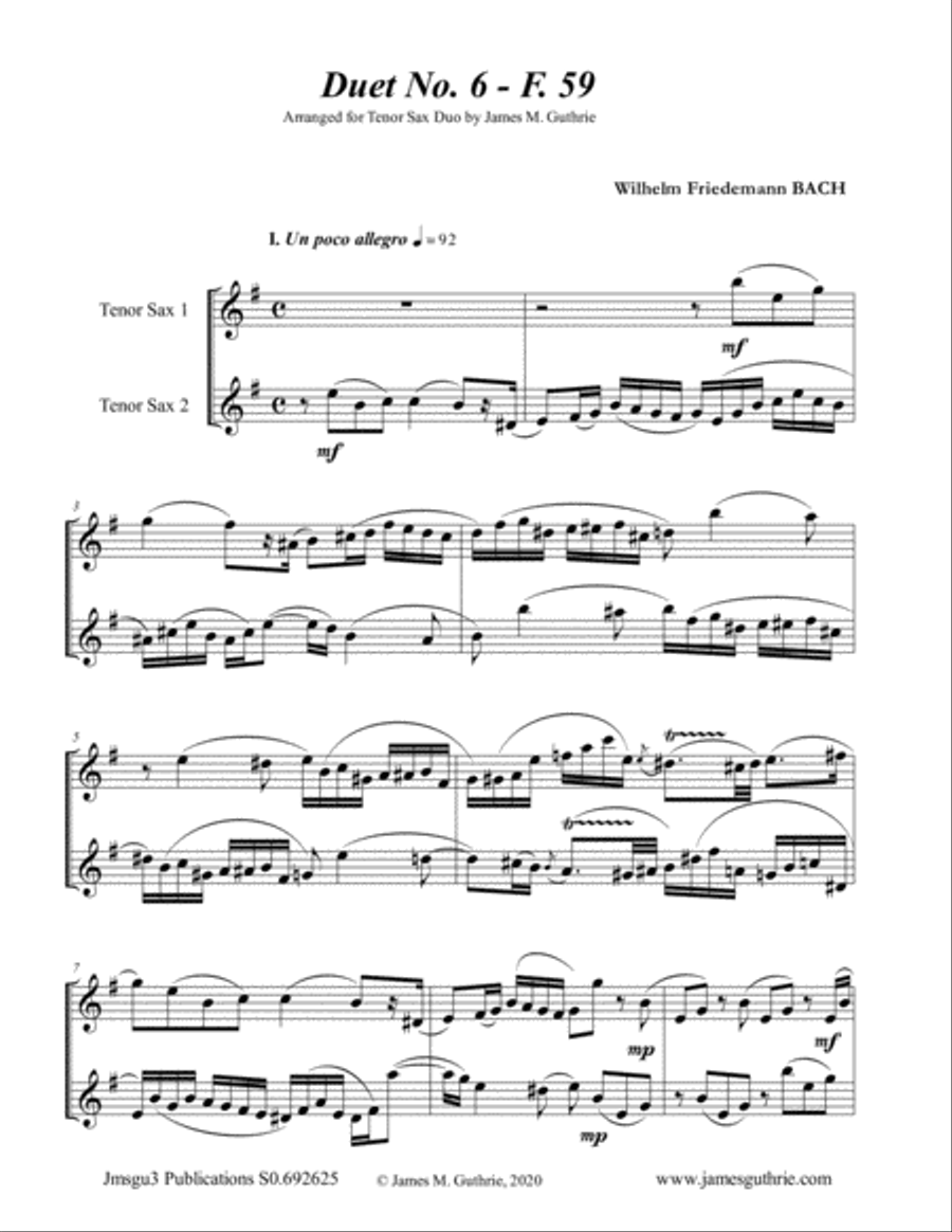WF Bach: Duet No. 6 for Tenor Sax Duo Woodwind Duet scores gallery preview page 1