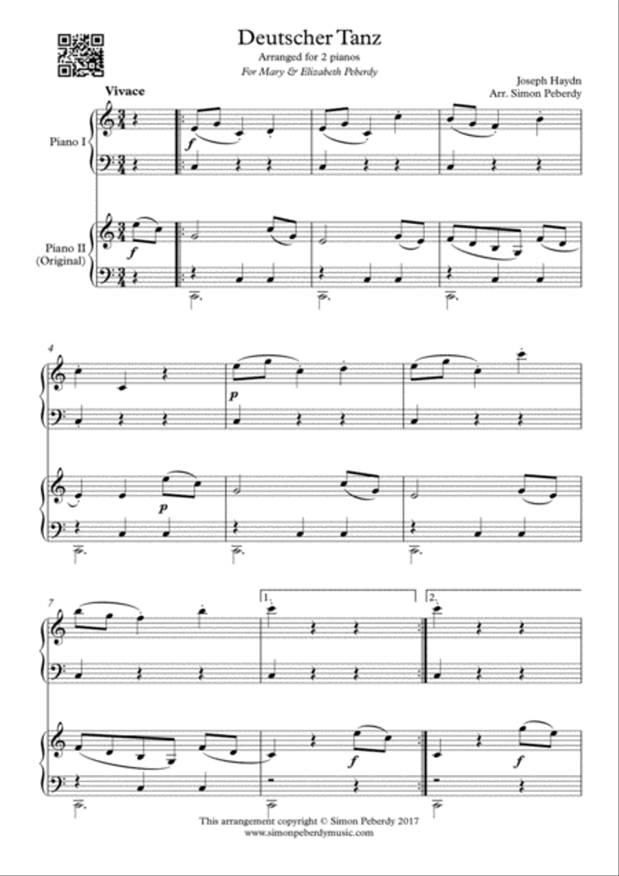 Deutscher Tanz by J Haydn in a new easy arrangement for 2 pianos by Simon Peberdy Piano Method scores gallery preview page 2