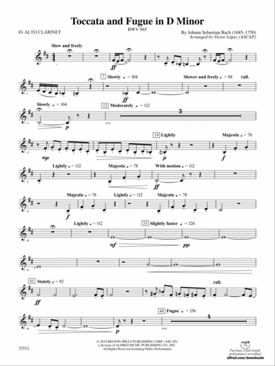 Book cover for Toccata and Fugue in D Minor: (wp) Eb Alto Clarinet