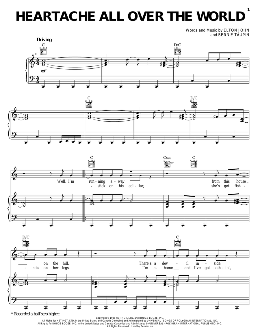 Heartache All Over The World Piano, Vocal, Guitar scores gallery preview page 1