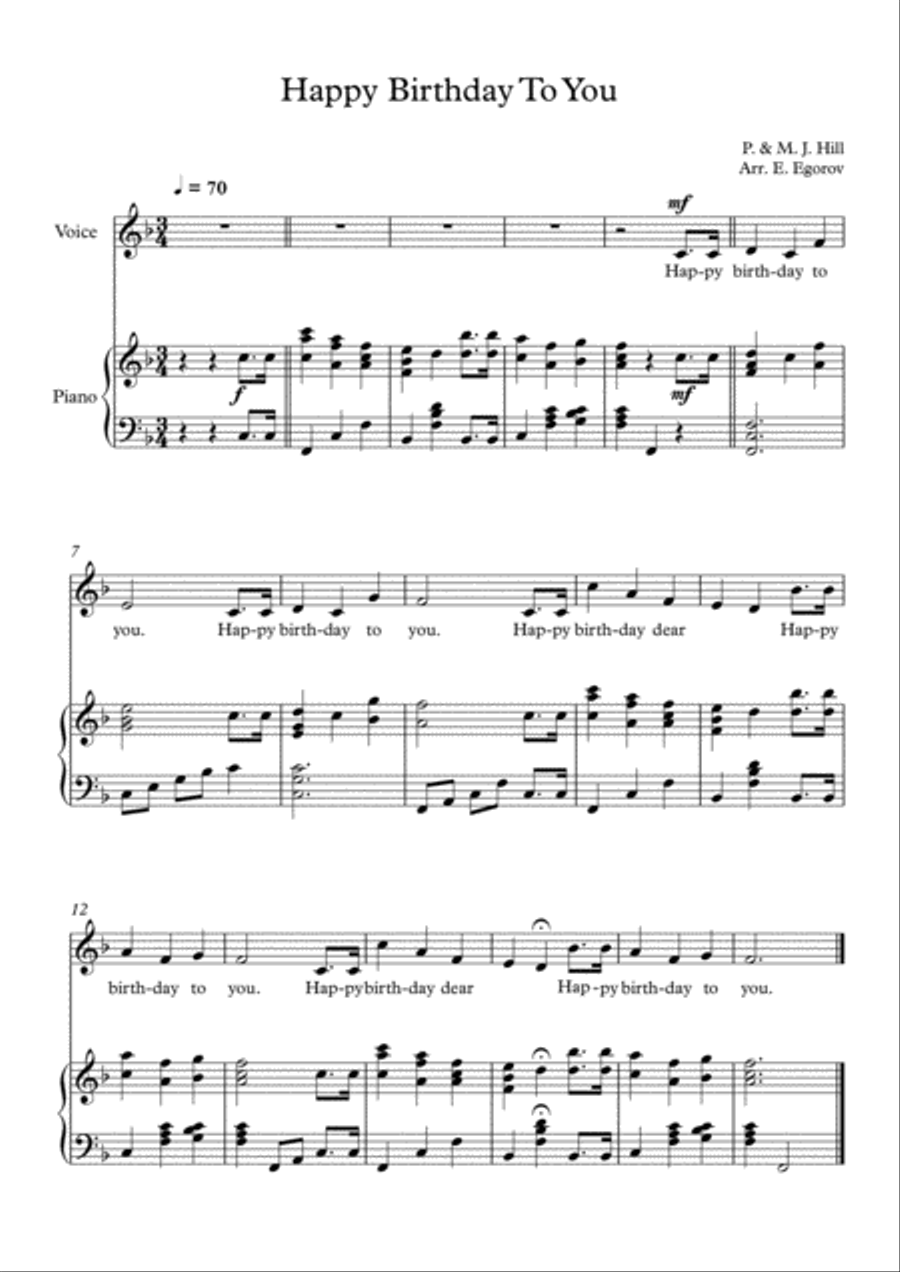 Happy Birthday To You, Patty & Mildred J. Hill, For Voice & Piano Voice scores gallery preview page 1