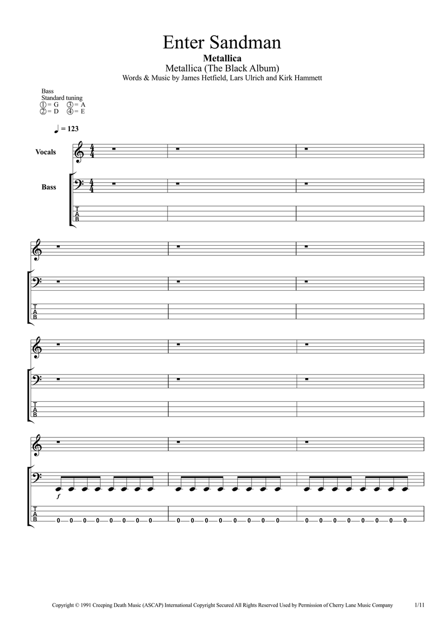 Enter Sandman Enter Sandman Bass Guitar scores gallery preview page 1