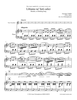 Libiamo ne lieti calici - Brindisi from La Traviata - Tenor Saxophone & Piano