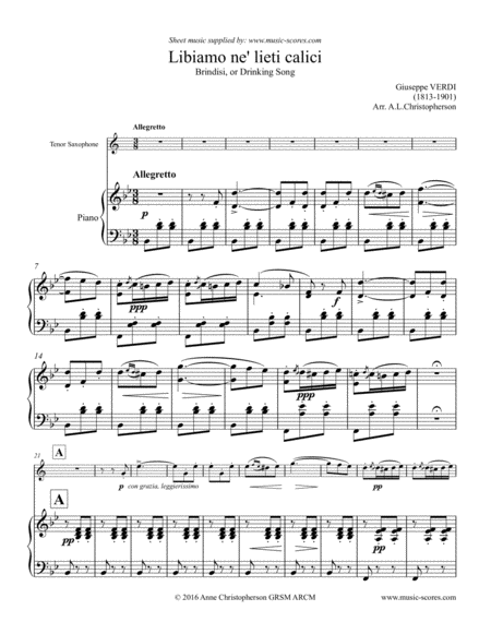Libiamo ne lieti calici - Brindisi from La Traviata - Tenor Saxophone & Piano image number null
