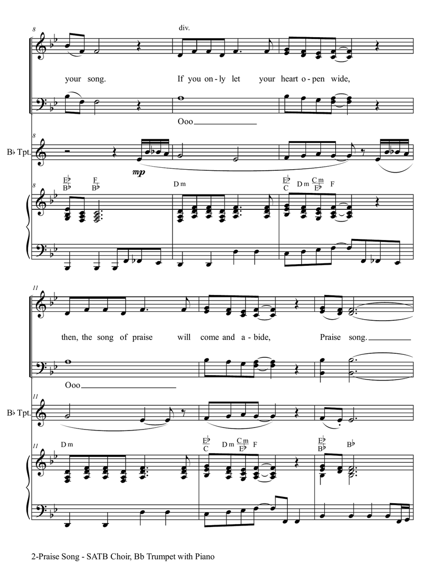 PRAISE SONG (SATB Choir, Bb Trumpet with Piano) 4-Part scores gallery preview page 3