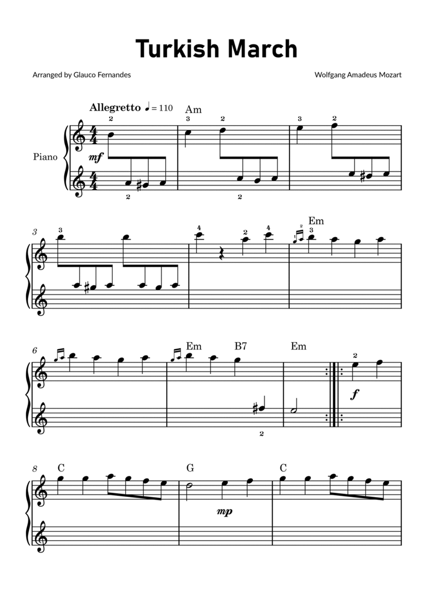Turkish March by Mozart - Easy Piano for Beginners with Chords image number null