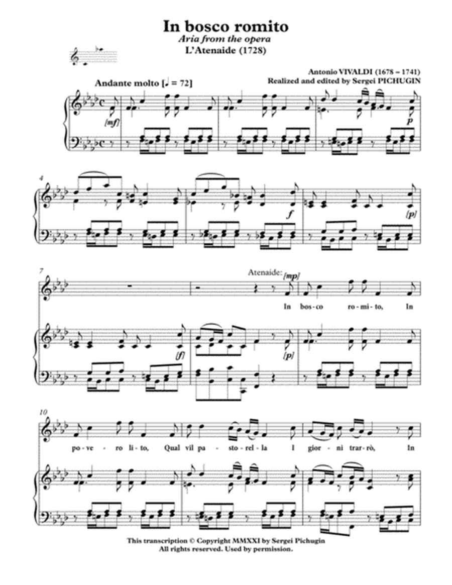 VIVALDI Antonio: In bosco romito, aria from the opera "L'Atenaide", arranged for Voice and Piano (F image number null